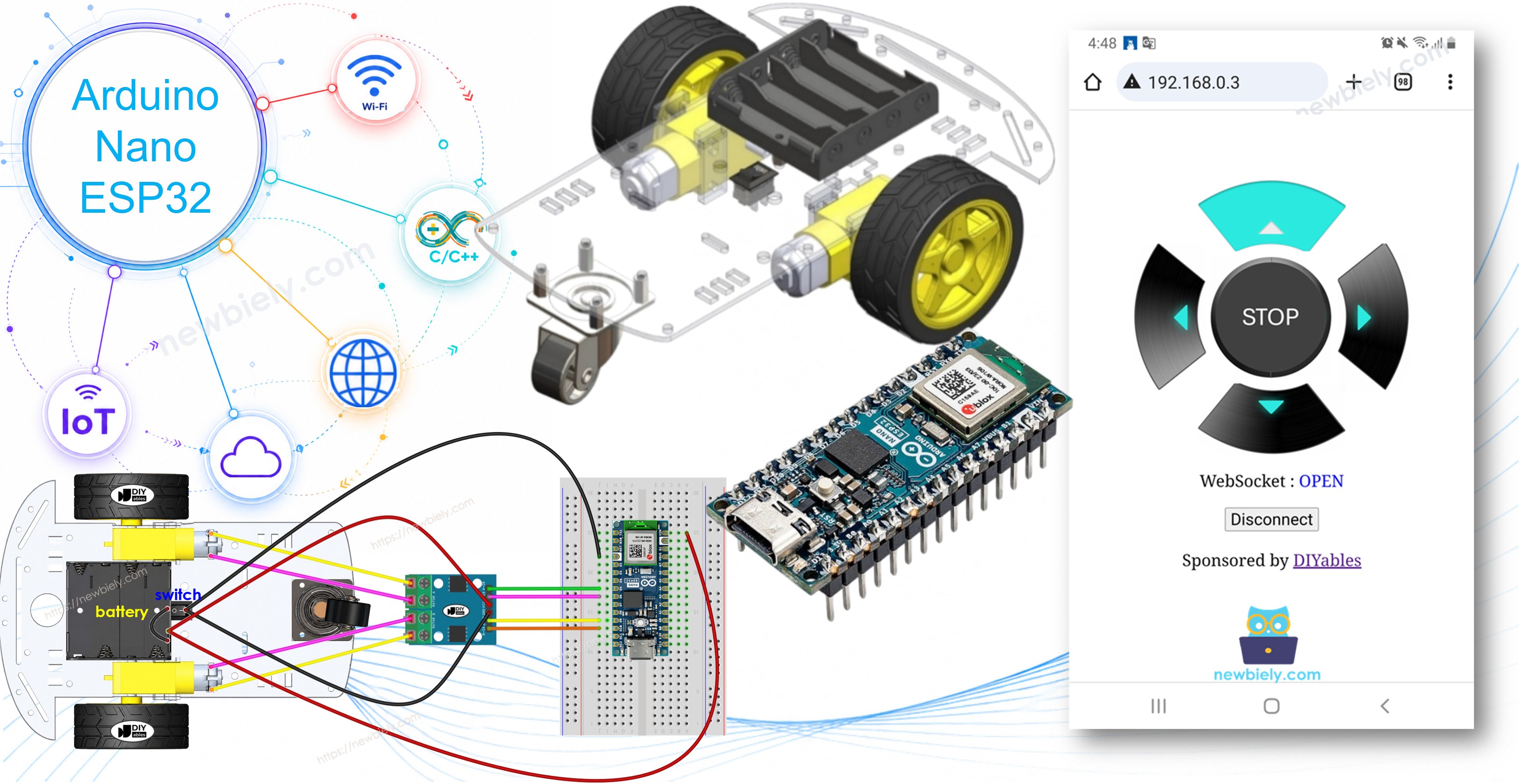 Arduino Nano ESP32 controla un coche robótico a través de la web.