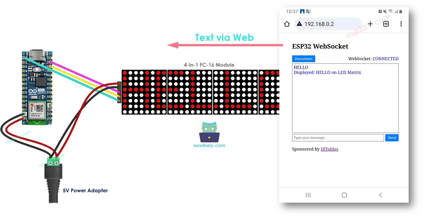 Arduino Nano ESP32 controla un cartel de matriz LED a través de la web.