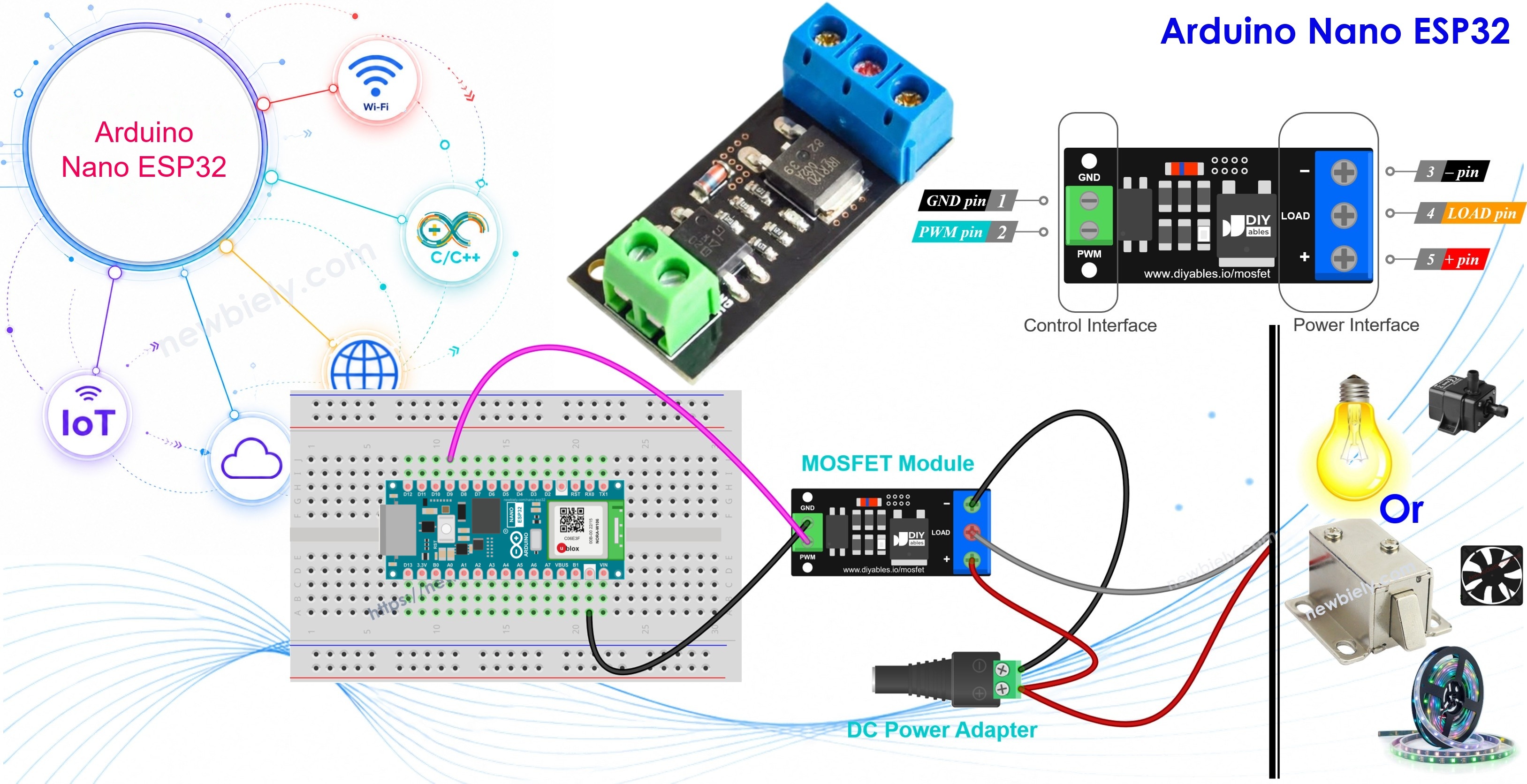 Arduino Nano ESP32 y módulo MOSFET AOD4184, LR7843 o FR120N