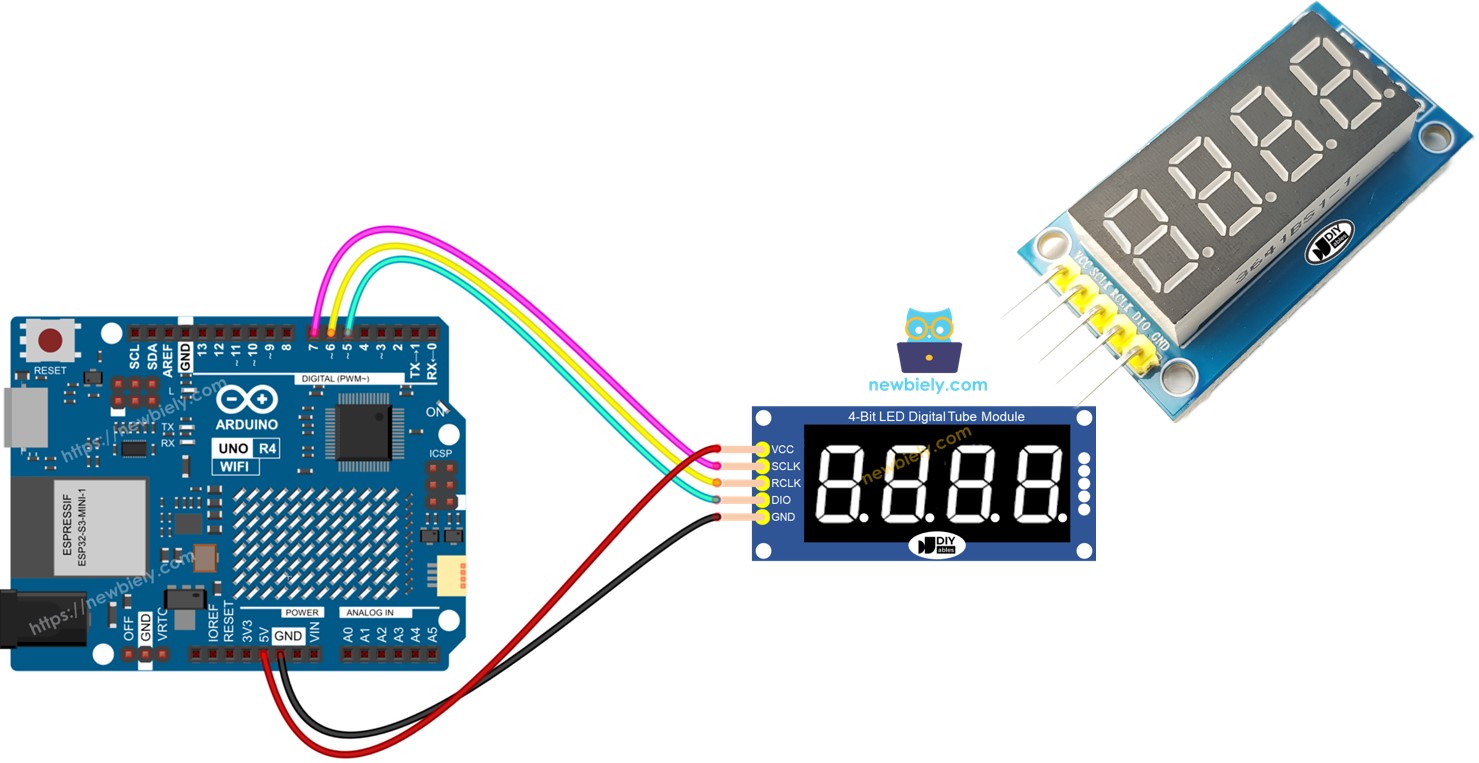 Arduino UNO R4 74HC595 pantalla de 4 dígitos de 7 segmentos
