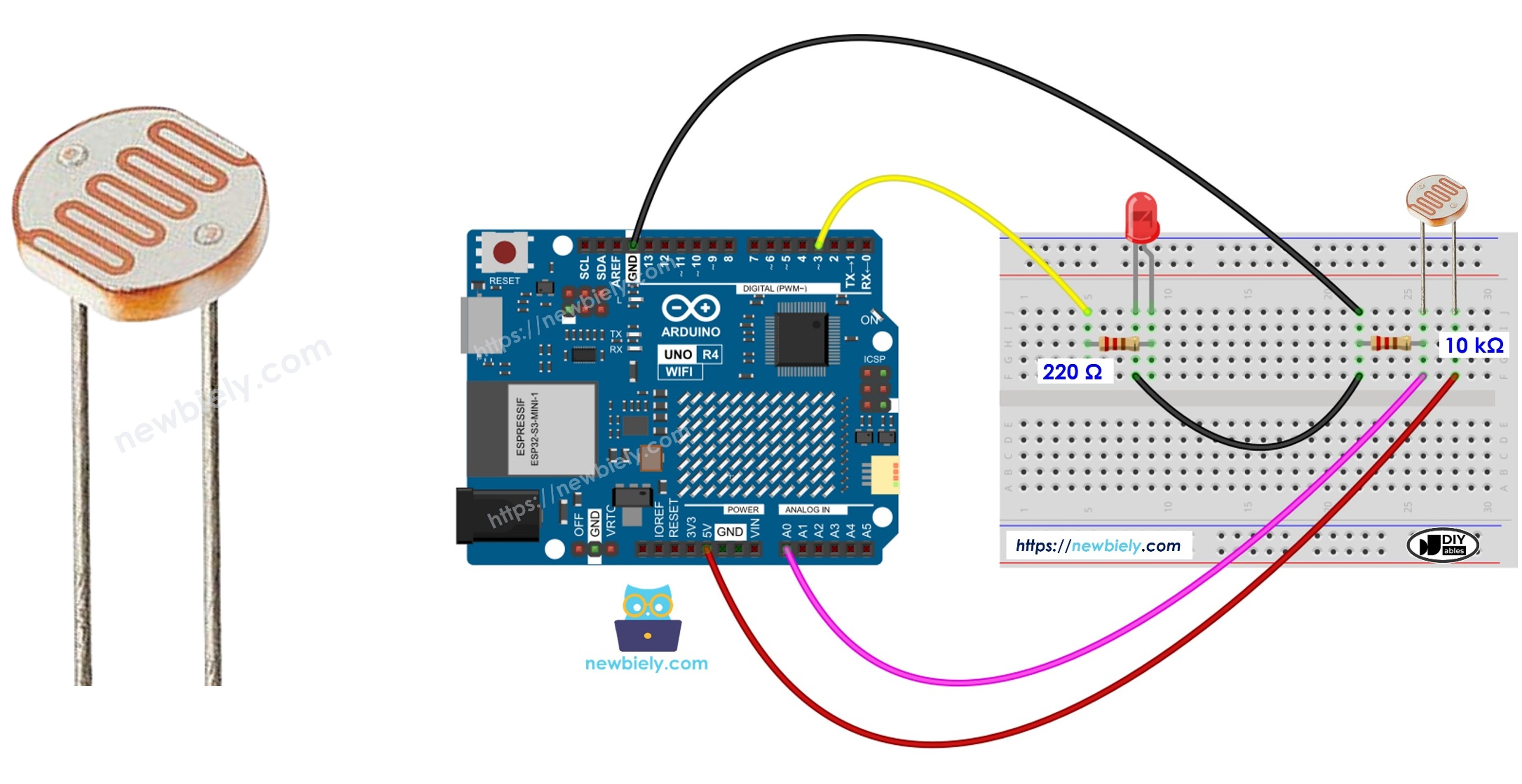 El sensor de luz del Arduino UNO R4 controla el LED