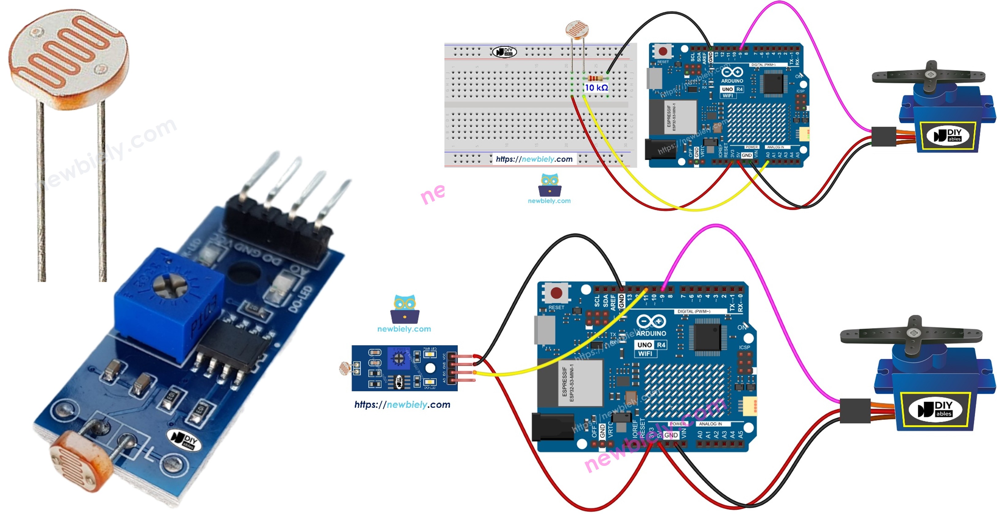 Sensor de luz de Arduino UNO R4 controla el servomotor