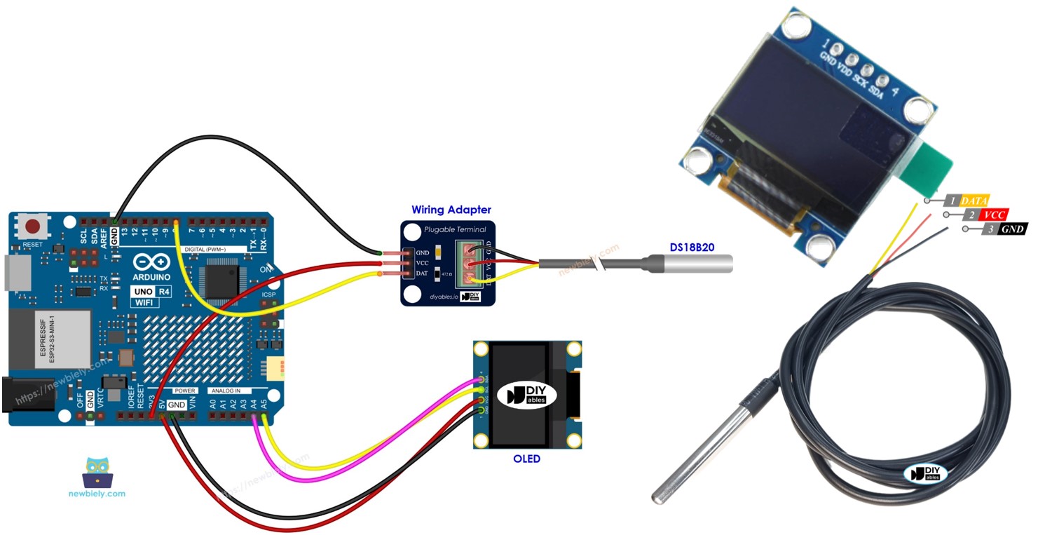 Arduino UNO R4 sensor de temperatura DS18B20 OLED