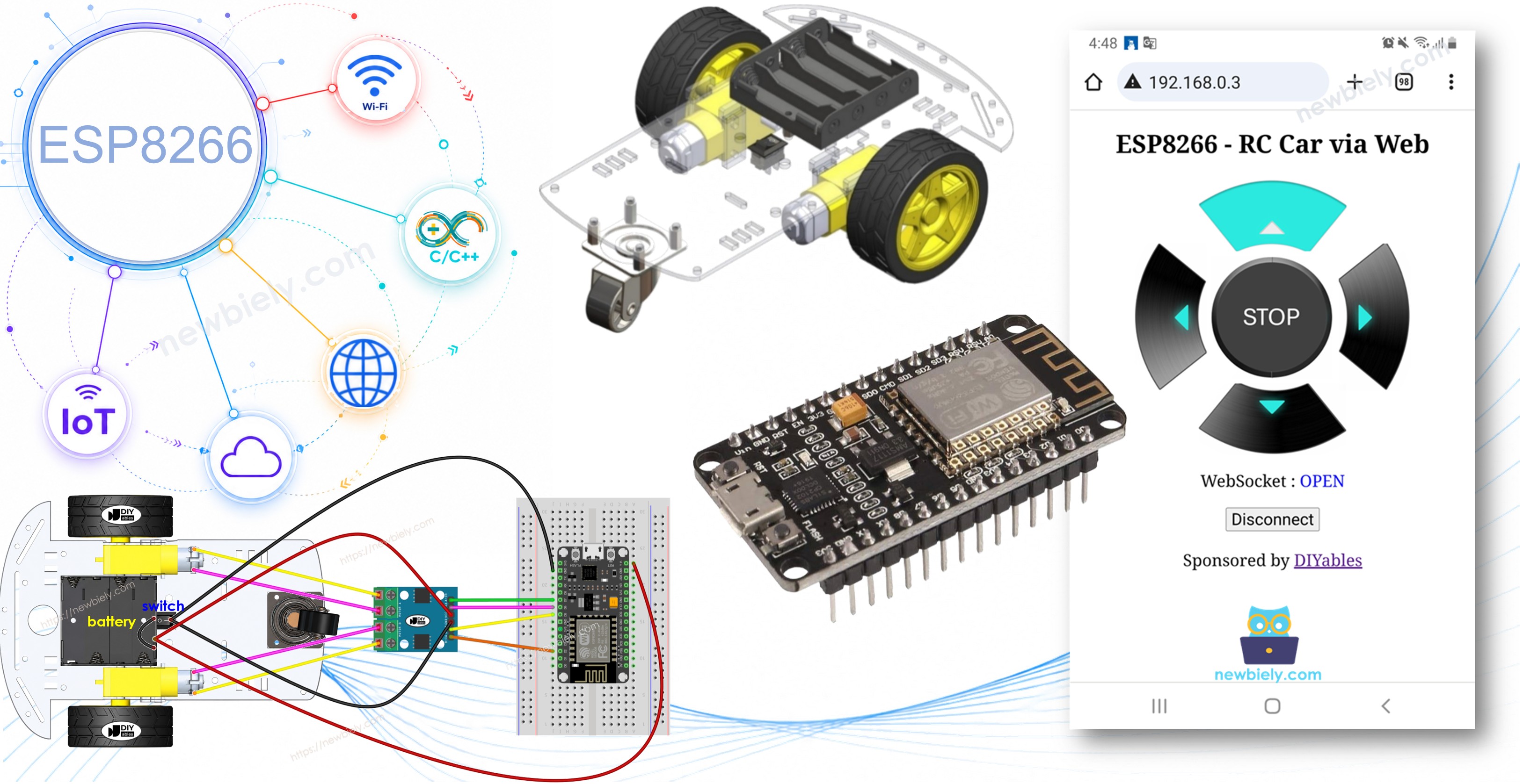ESP8266 NodeMCU controla un coche robótico a través de la web.