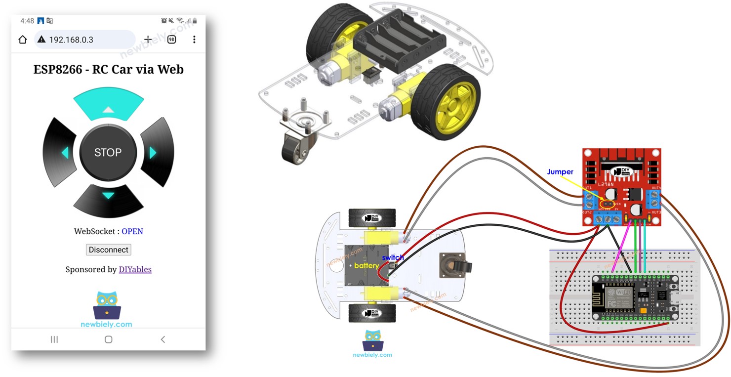 ESP8266 NodeMCU controla un coche robótico a través de la web.