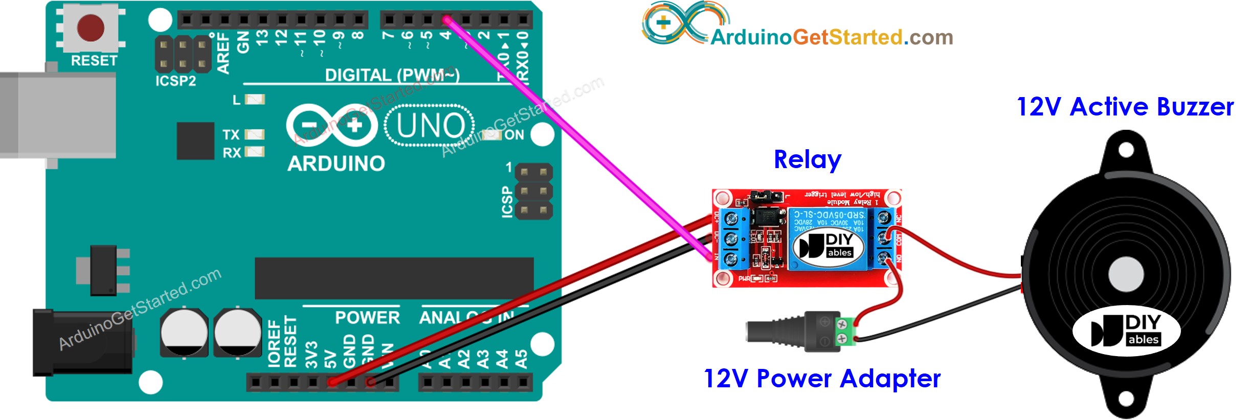 Diagrama de cableado del zumbador activo de 12 V para Arduino