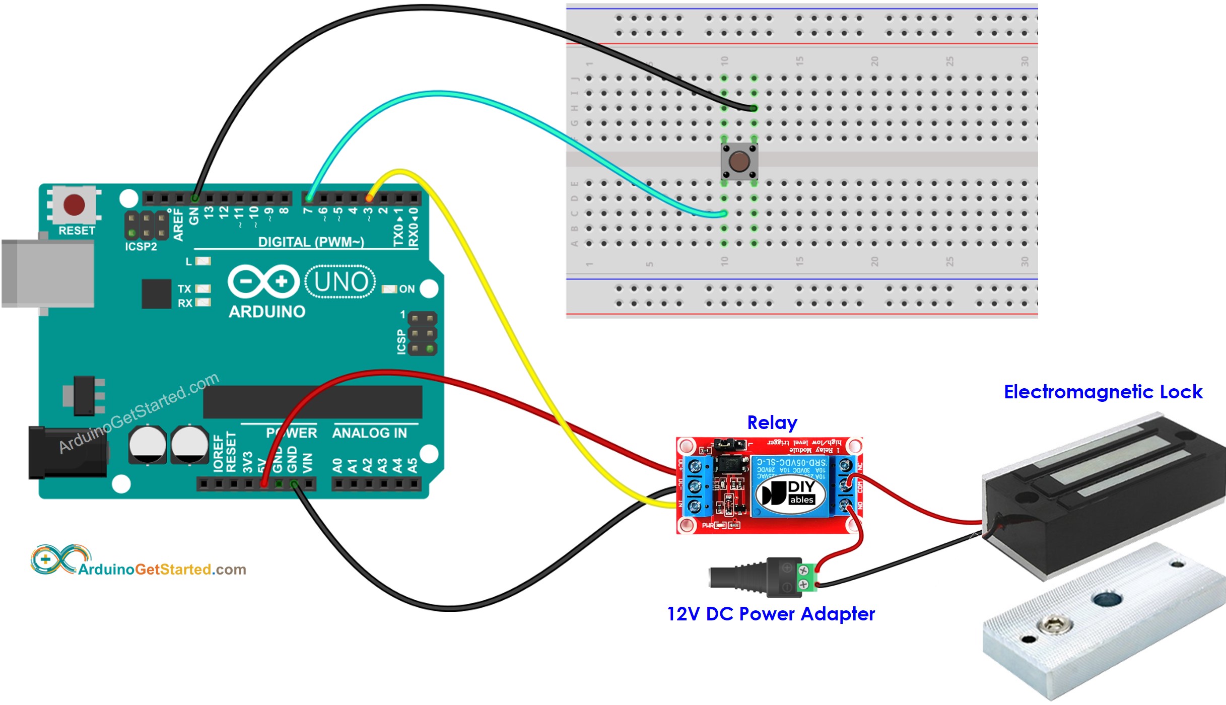 Diagrama de cableado de la cerradura electromagnética con botón para Arduino