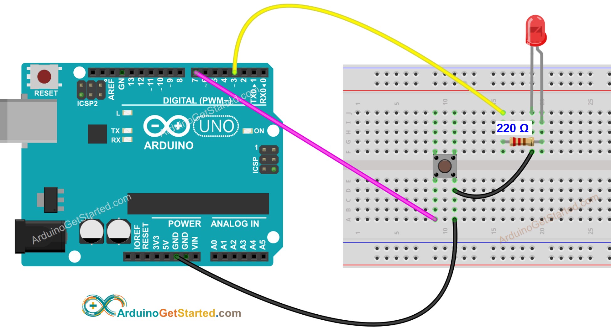 Diagrama de cableado de Arduino para botón con LED