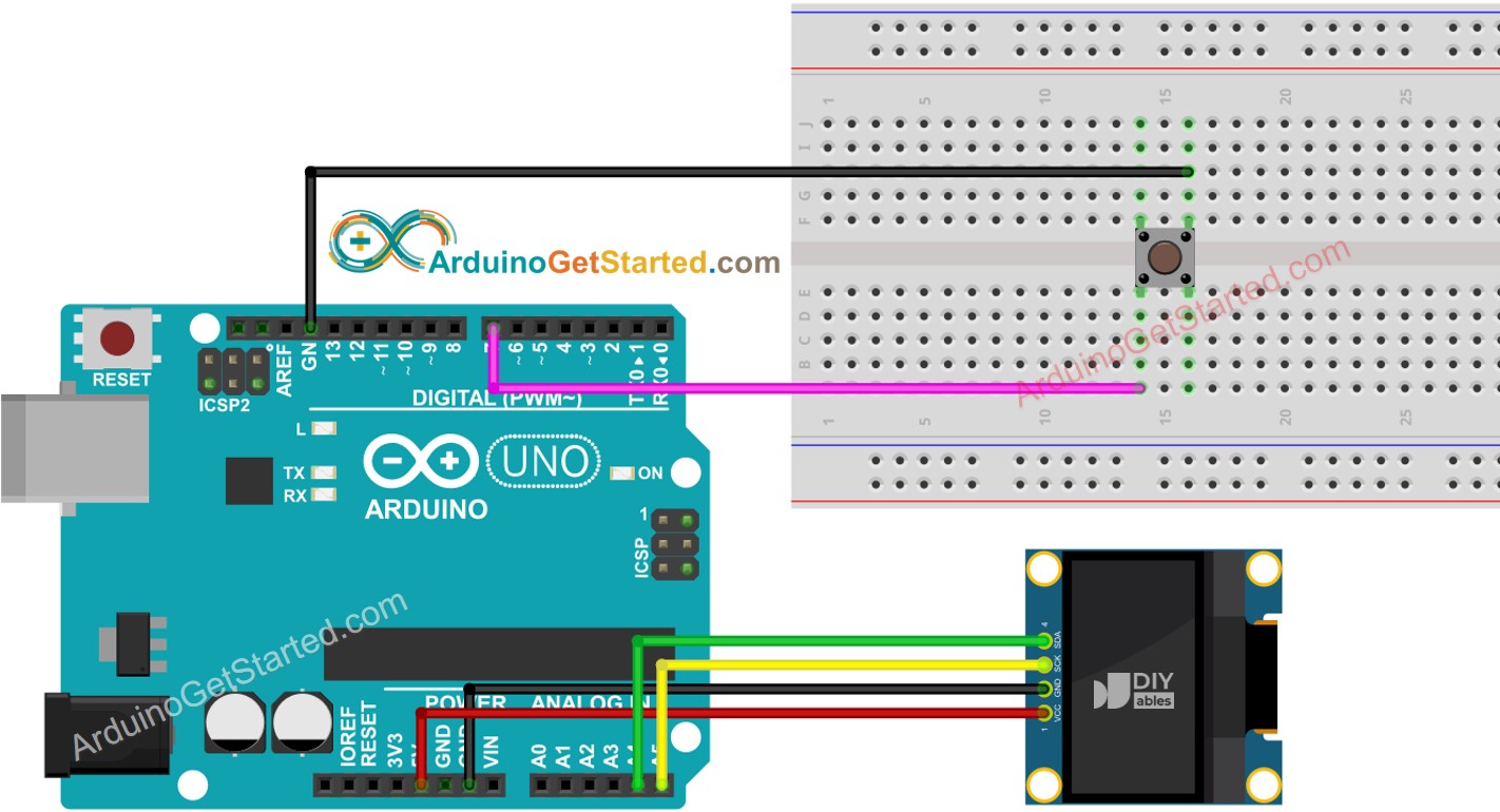 Diagrama de cableado de Arduino para botón y OLED