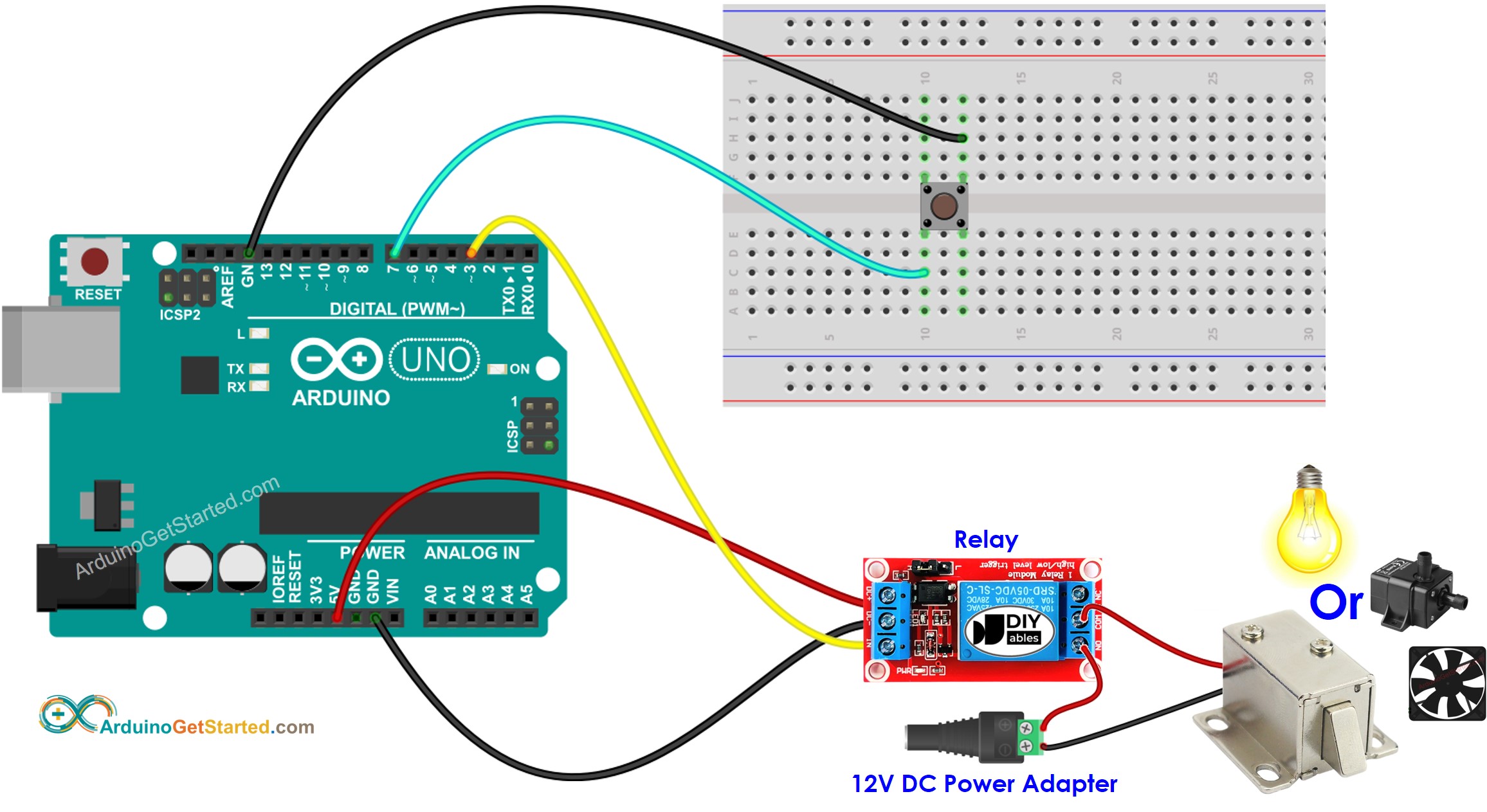 Diagrama de cableado de relé con botón para Arduino
