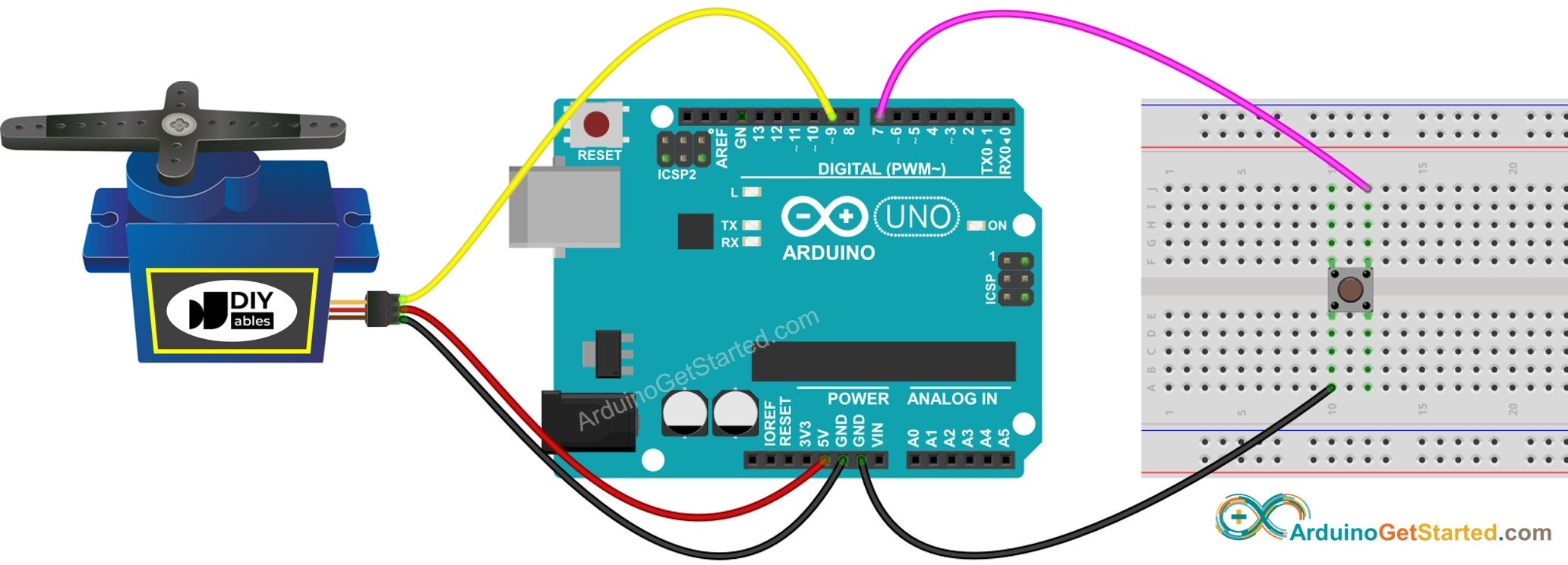 Diagrama de cableado de Arduino para botón y motor servo