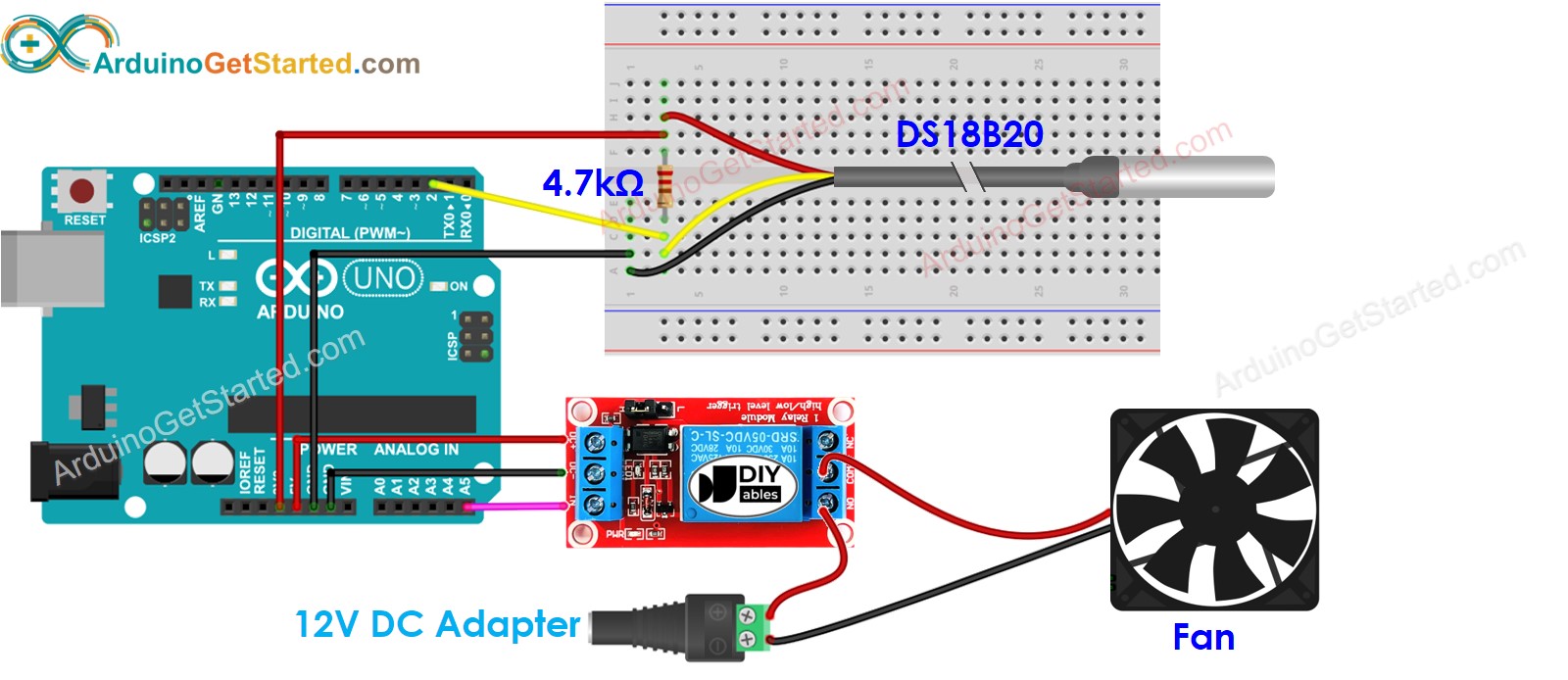 Diagrama de cableado del sistema de enfriamiento con ventilador para Arduino