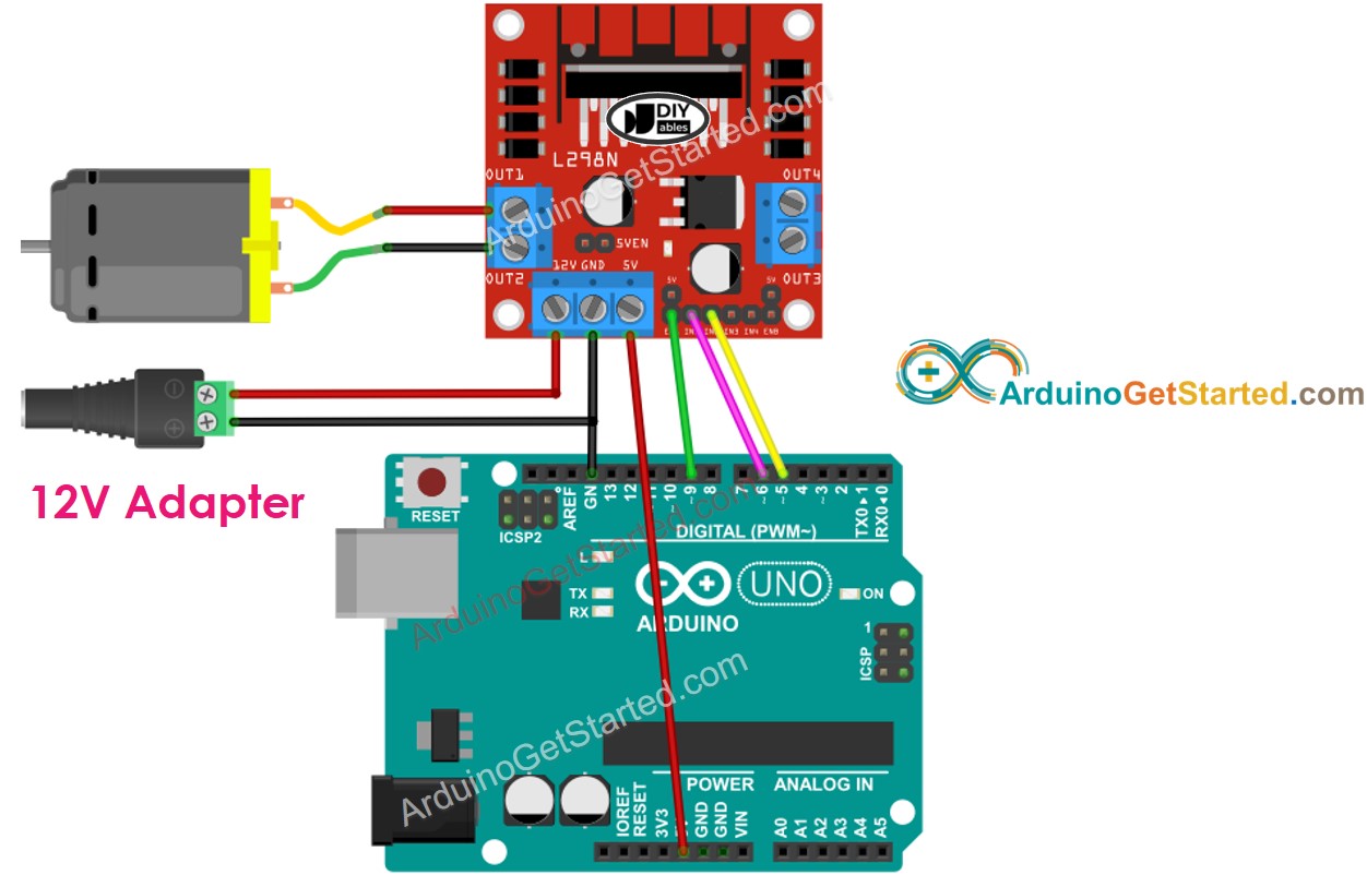 Diagrama de cableado para motor DC con Arduino y controlador L298N