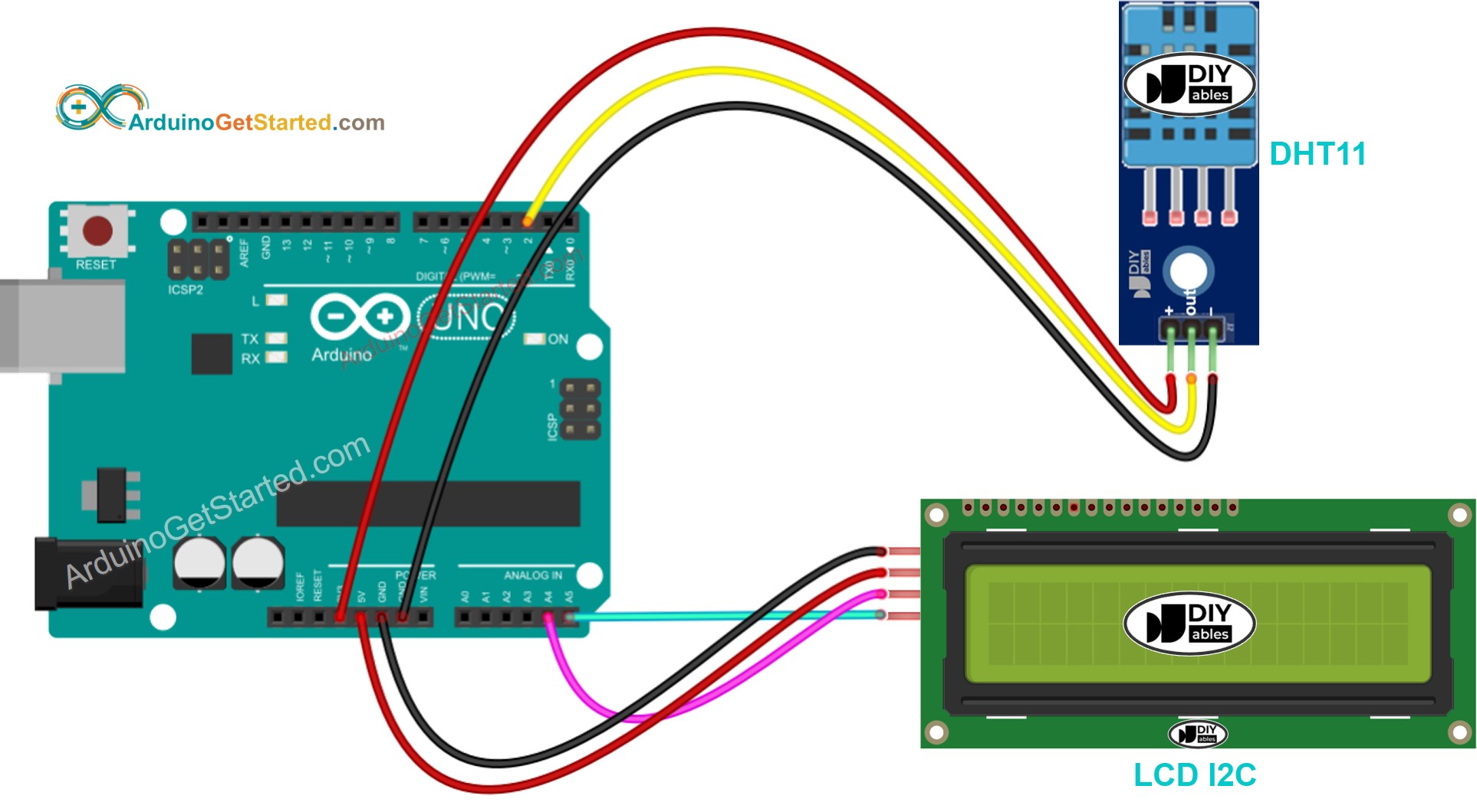 Diagrama de cableado LCD para Arduino DHT11: temperatura y humedad