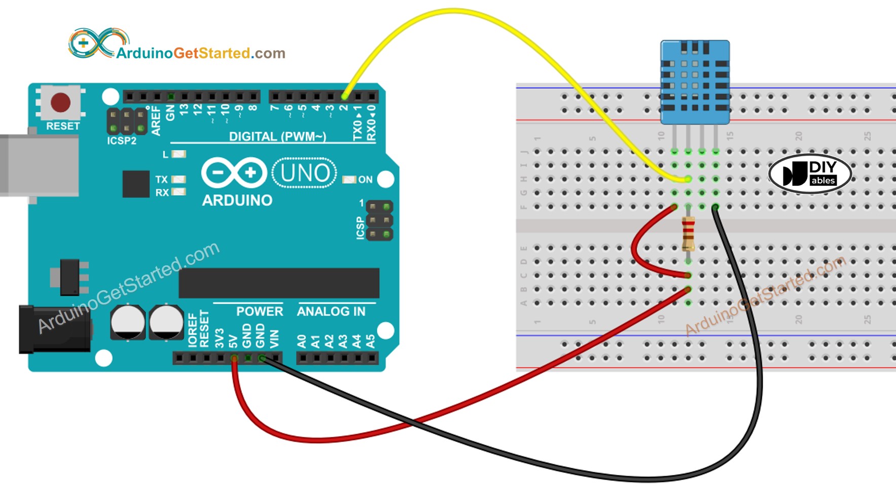 Diagrama de cableado del sensor de temperatura y humedad DHT11 para Arduino