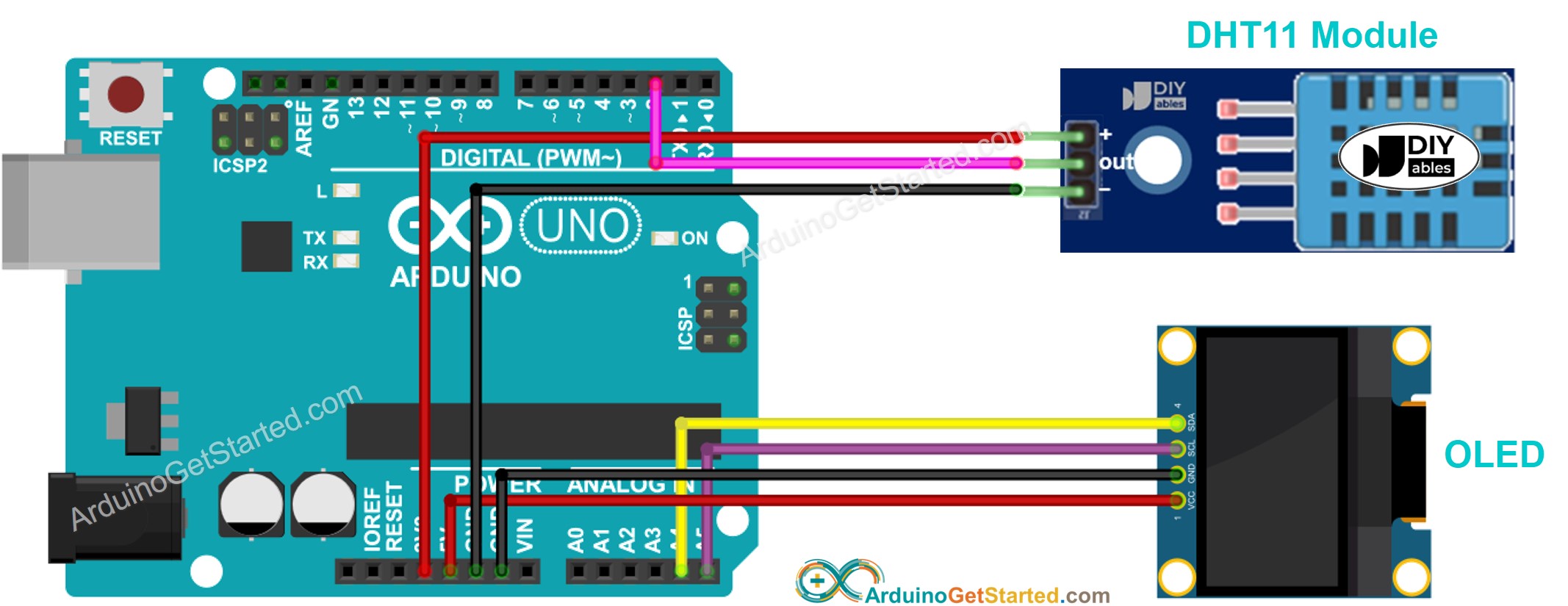 Diagrama de cableado del sensor DHT11 para Arduino y OLED