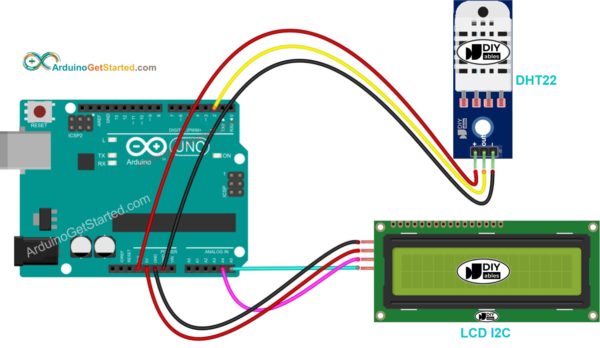 Diagrama de cableado de Arduino, DHT22 y LCD