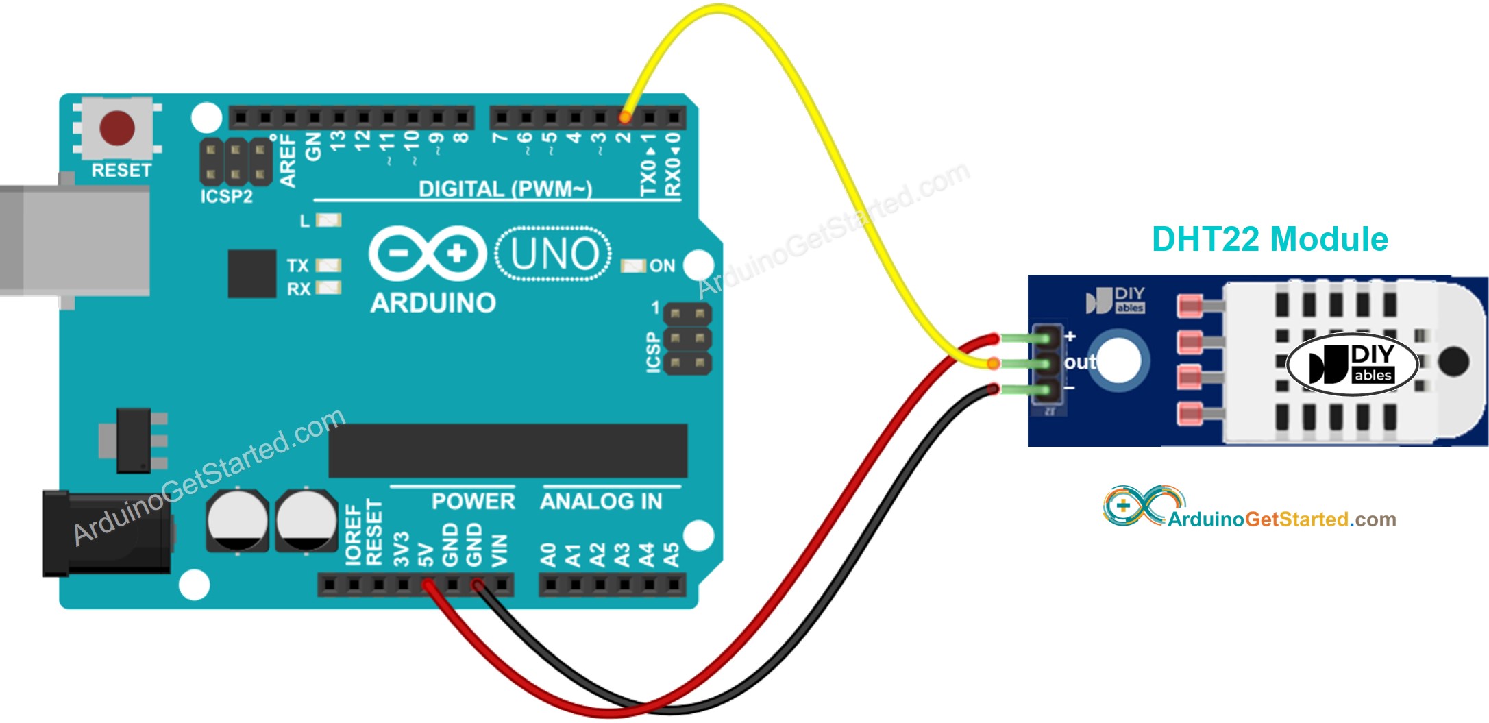 Diagrama de cableado del módulo DHT22 de Arduino para temperatura y humedad