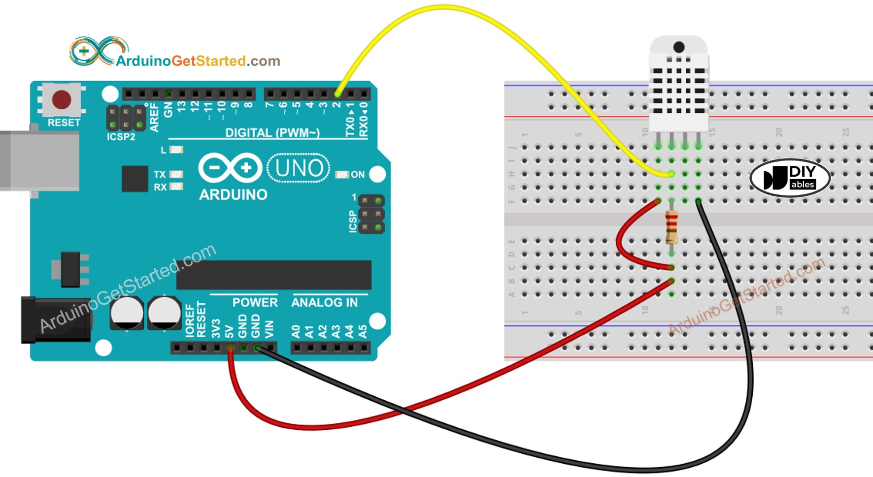 Diagrama de cableado del sensor de temperatura y humedad DHT22 de Arduino