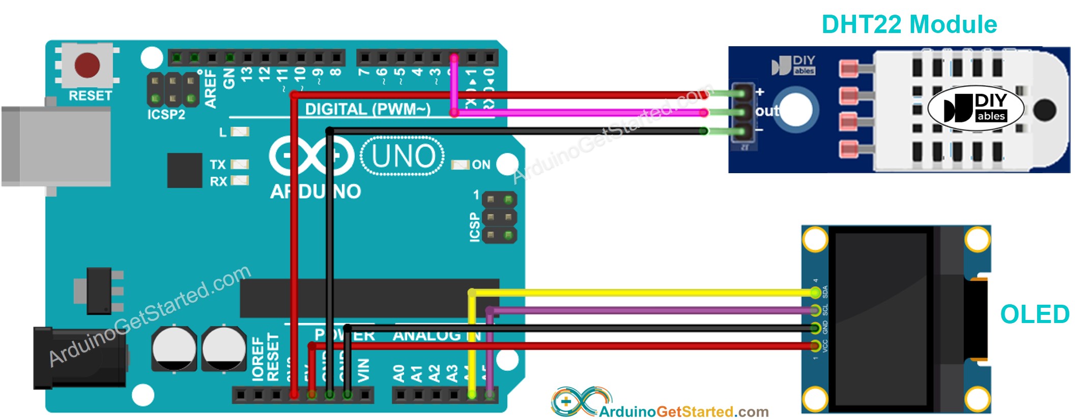 Diagrama de cableado de Arduino para sensor DHT22 y OLED