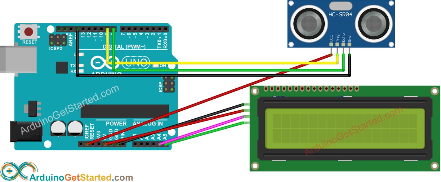 Diagrama de cableado de Arduino para sensor ultrasónico y LCD