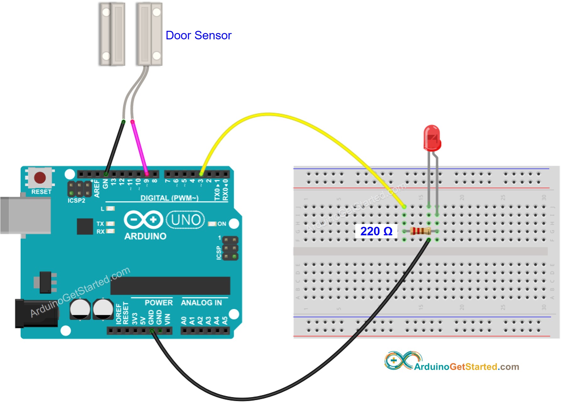Diagrama de cableado del LED del sensor de puerta de Arduino