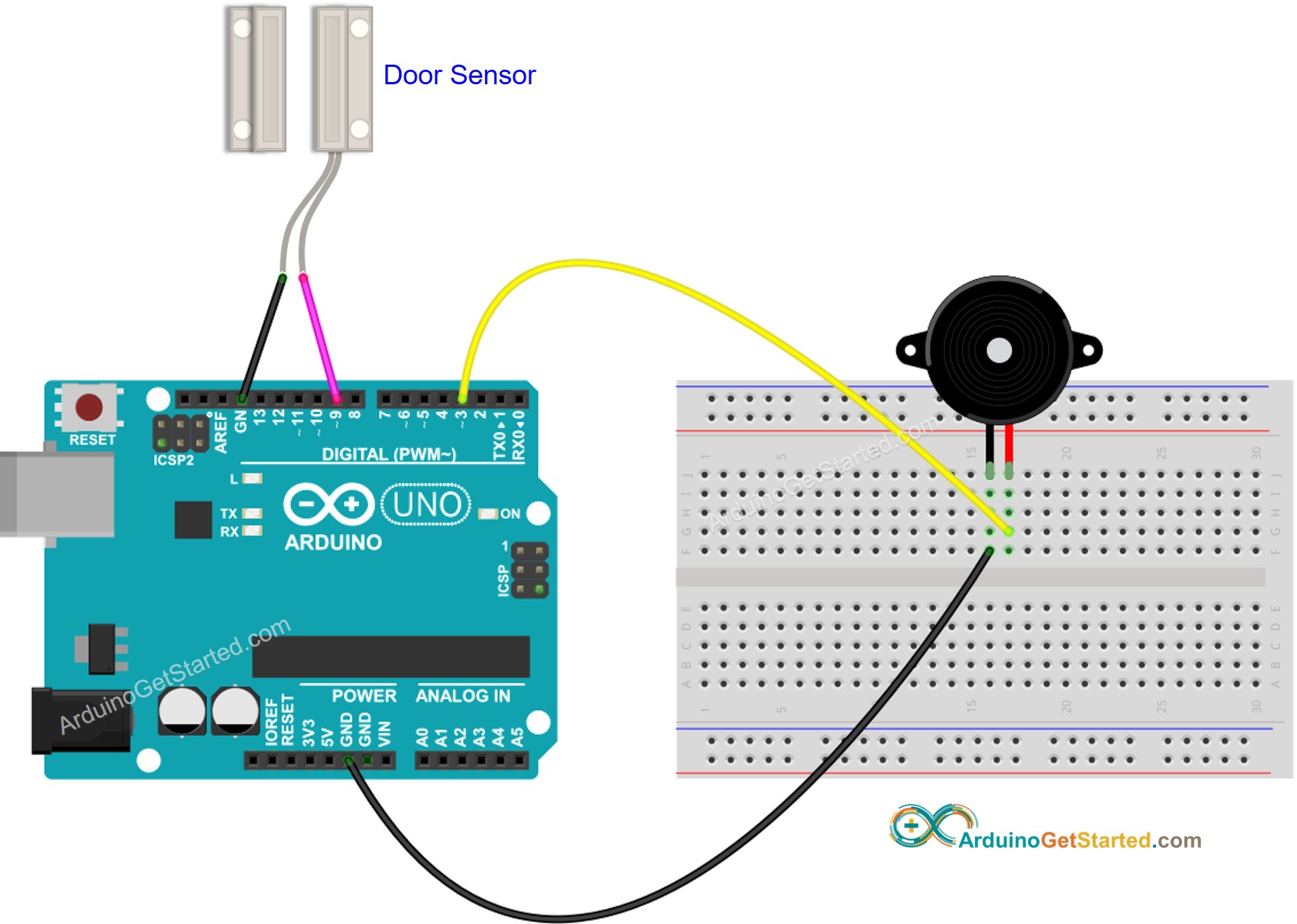 Diagrama de cableado de Arduino para sensor de puerta y zumbador piezoeléctrico