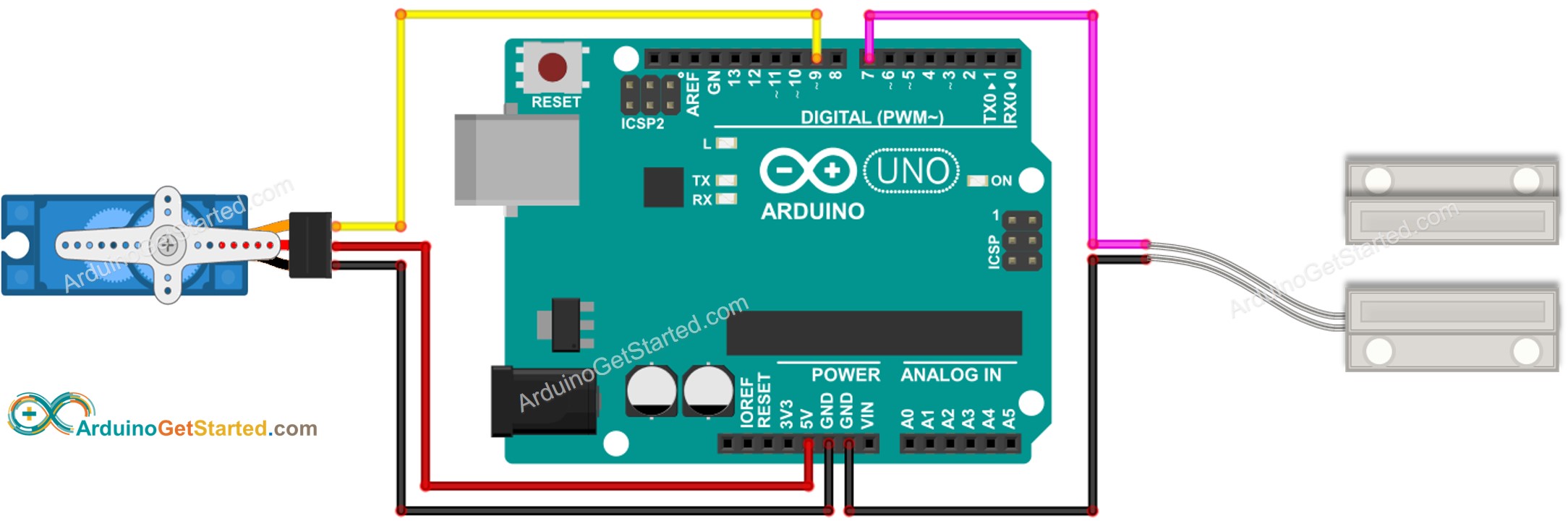 Diagrama de cableado de Arduino para sensor de puerta y servomotor
