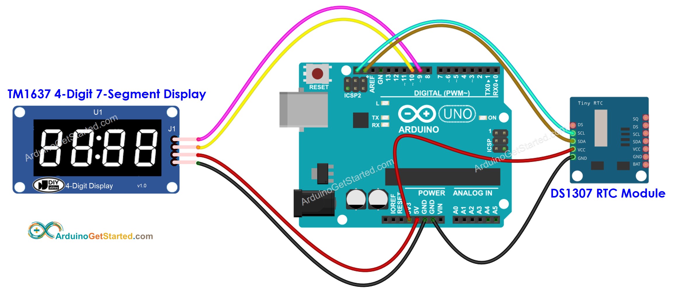 Diagrama de cableado de Arduino DS1307 y pantalla de 7 segmentos
