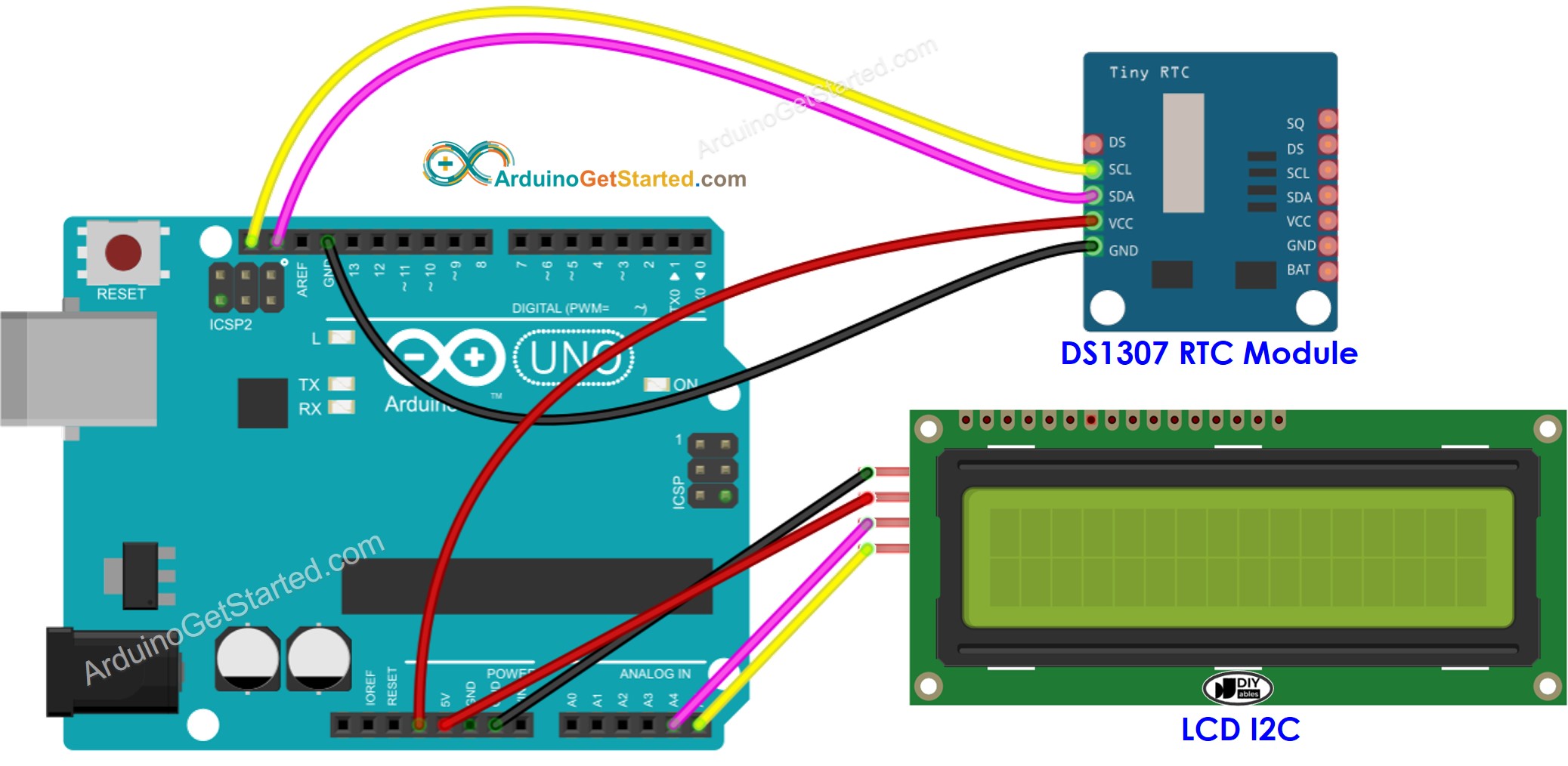 Diagrama de cableado de Arduino DS1307 LCD