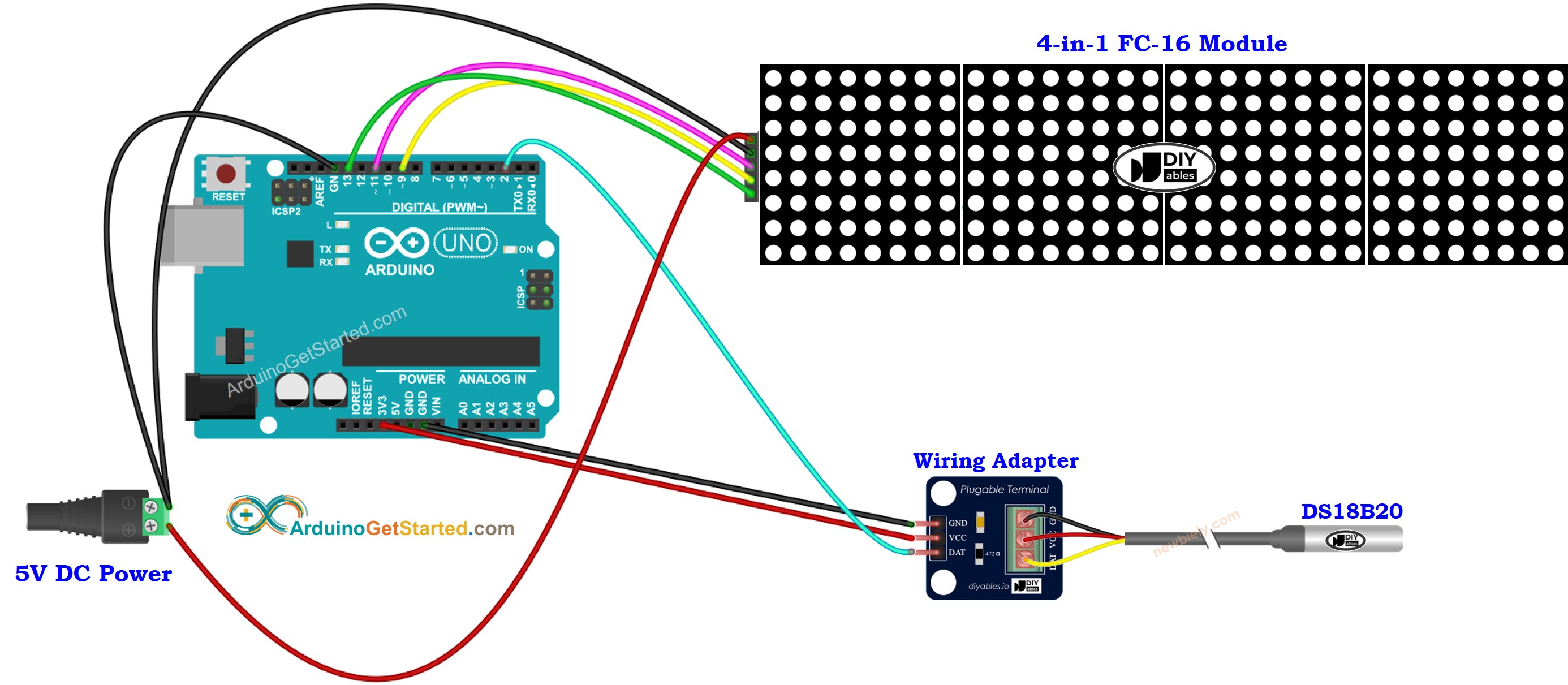 Diagrama de cableado de la matriz de LEDs para sensor de temperatura DS18B20 de Arduino