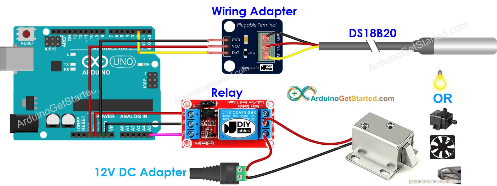 Diagrama de cableado del sensor de temperatura DS18B20 y del relé para Arduino