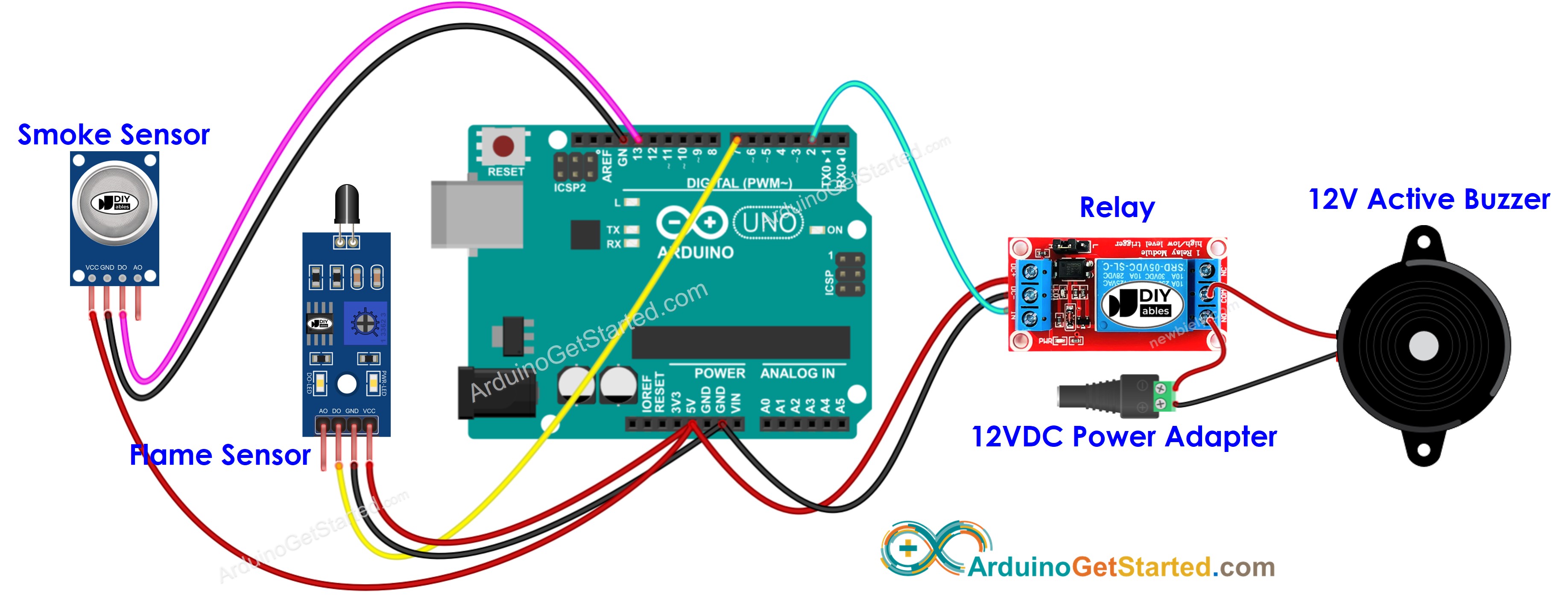 Diagrama de cableado del sistema de alarma contra incendios con Arduino