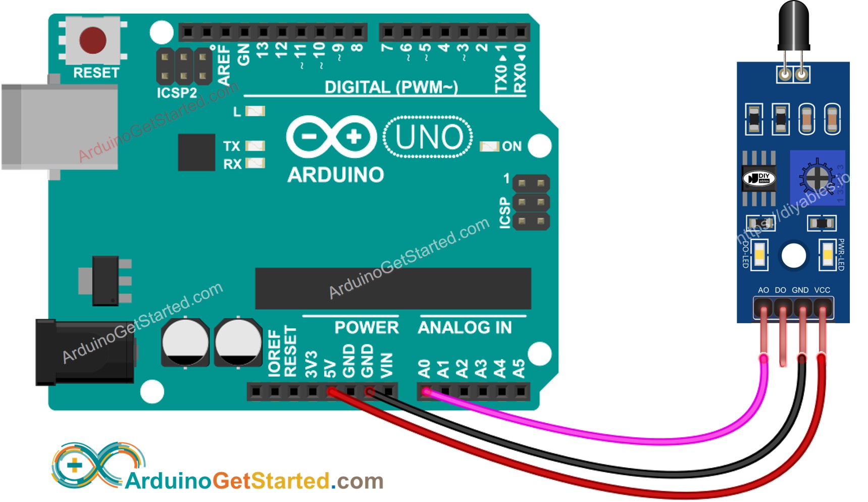 Diagrama de cableado del sensor de incendio para Arduino