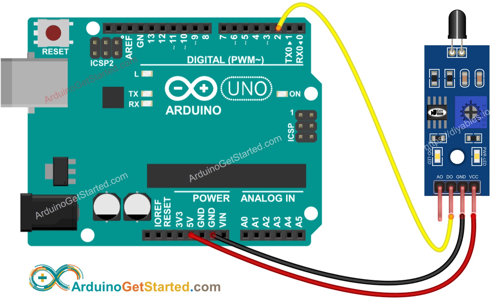Diagrama de cableado del sensor de llama para Arduino