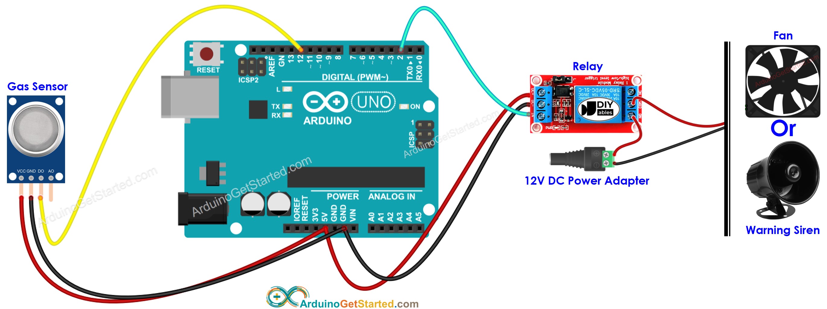 Diagrama de cableado del relé para el sensor de gas MQ-2 con Arduino