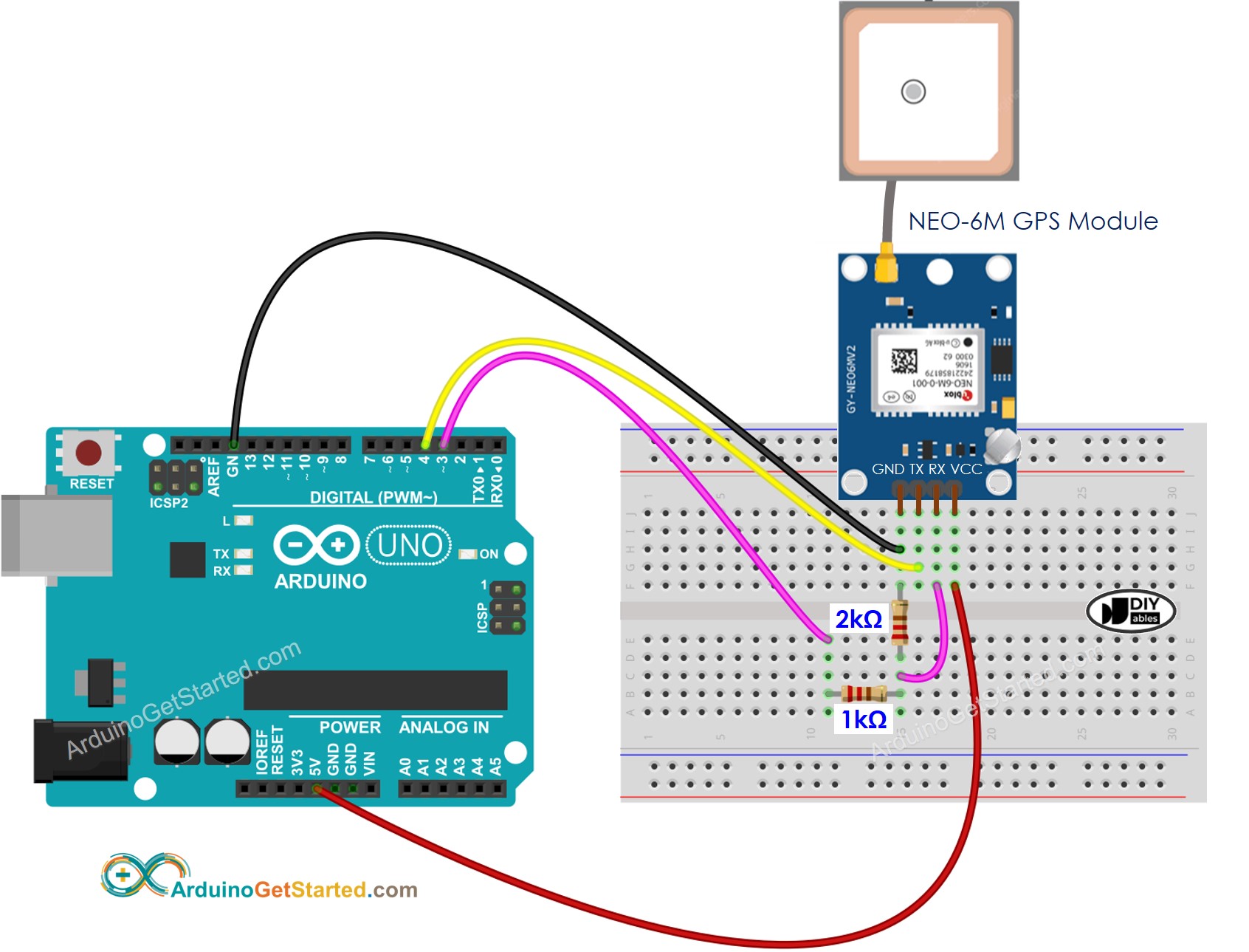 Diagrama de cableado del divisor de voltaje para el módulo GPS de Arduino