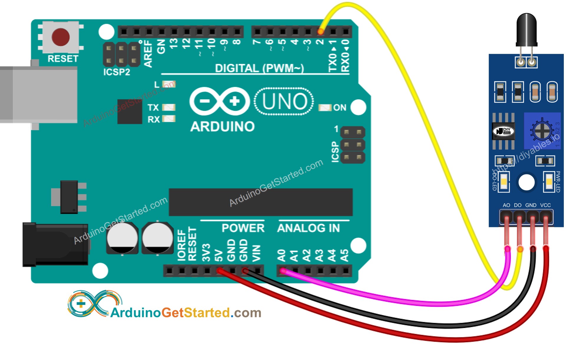 Diagrama de cableado del sensor de llama infrarrojo para Arduino