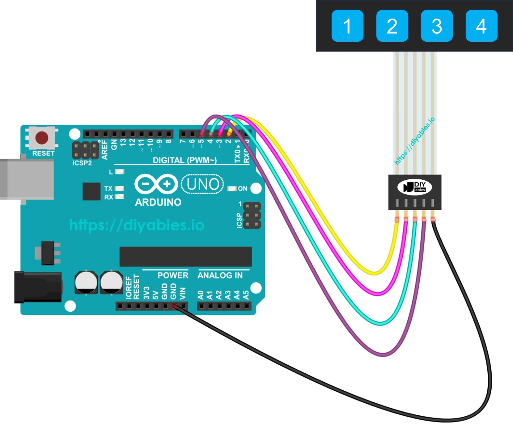 Diagrama de cableado de Arduino para teclado 1x4