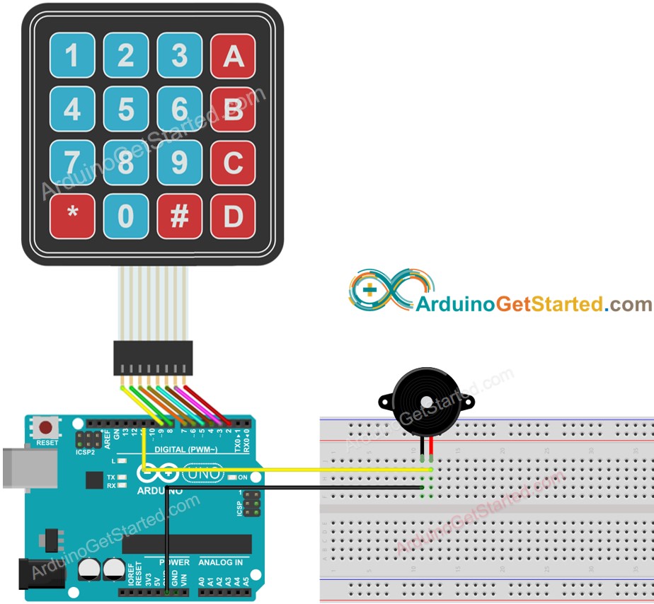 Diagrama de cableado del teclado de Arduino y del zumbador piezoeléctrico