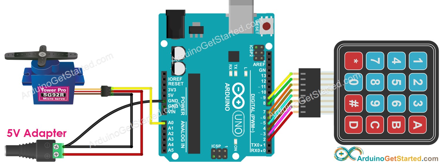 Diagrama de cableado de Arduino, teclado numérico y motor servo
