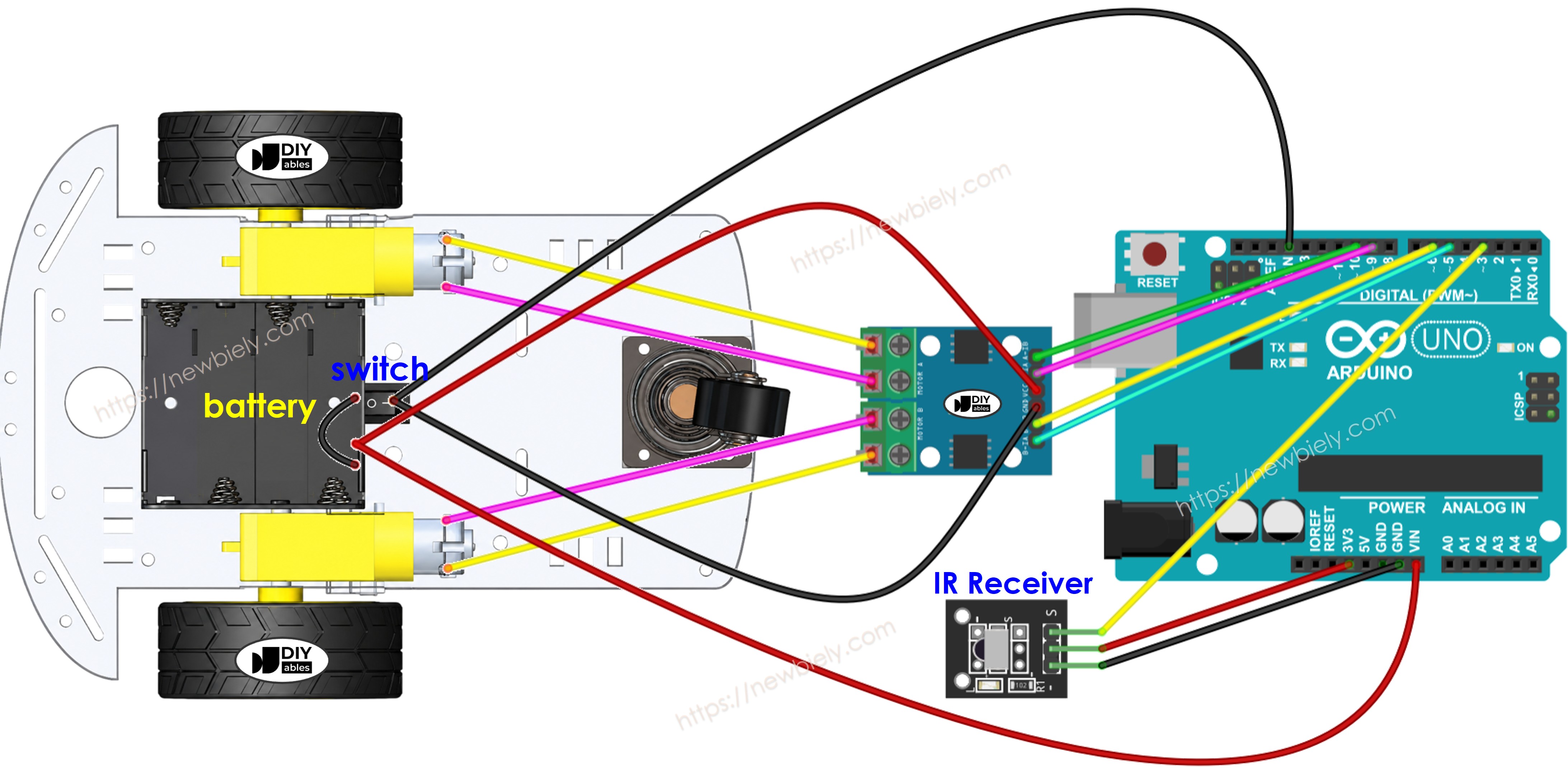 Diagrama de cableado de un coche Arduino con tracción en dos ruedas
