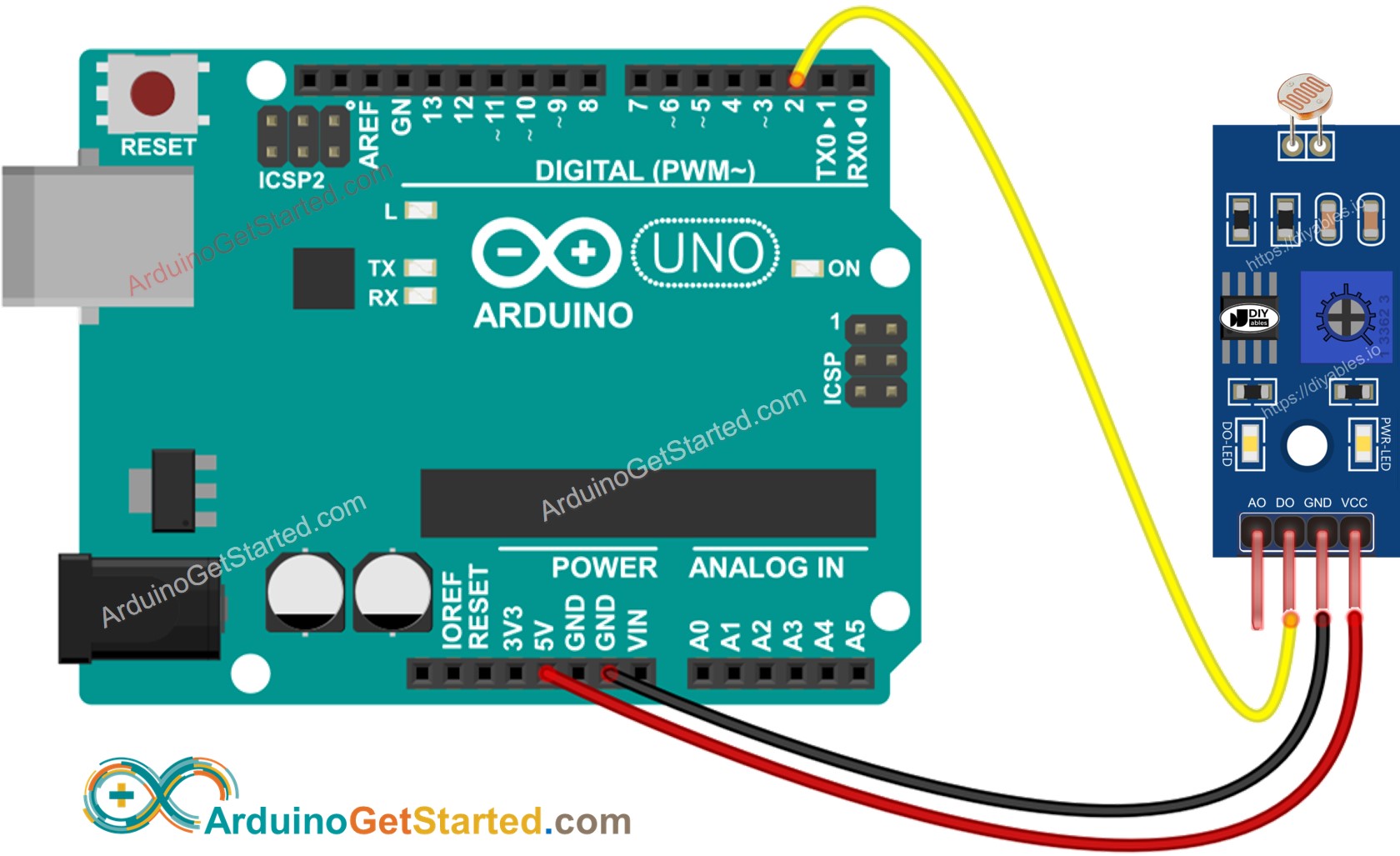 Diagrama de cableado del módulo sensor de luz LDR para Arduino