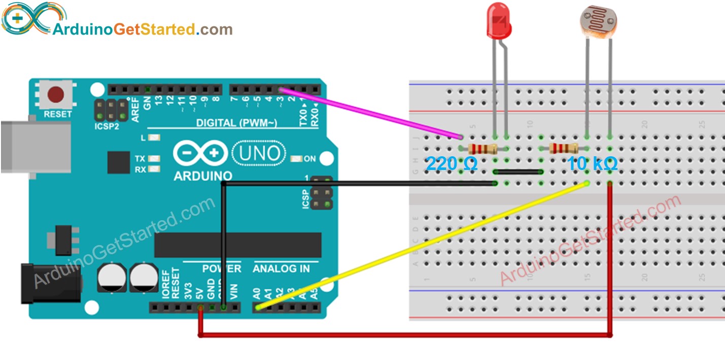 Diagrama de cableado de Arduino para sensor de luz y LED