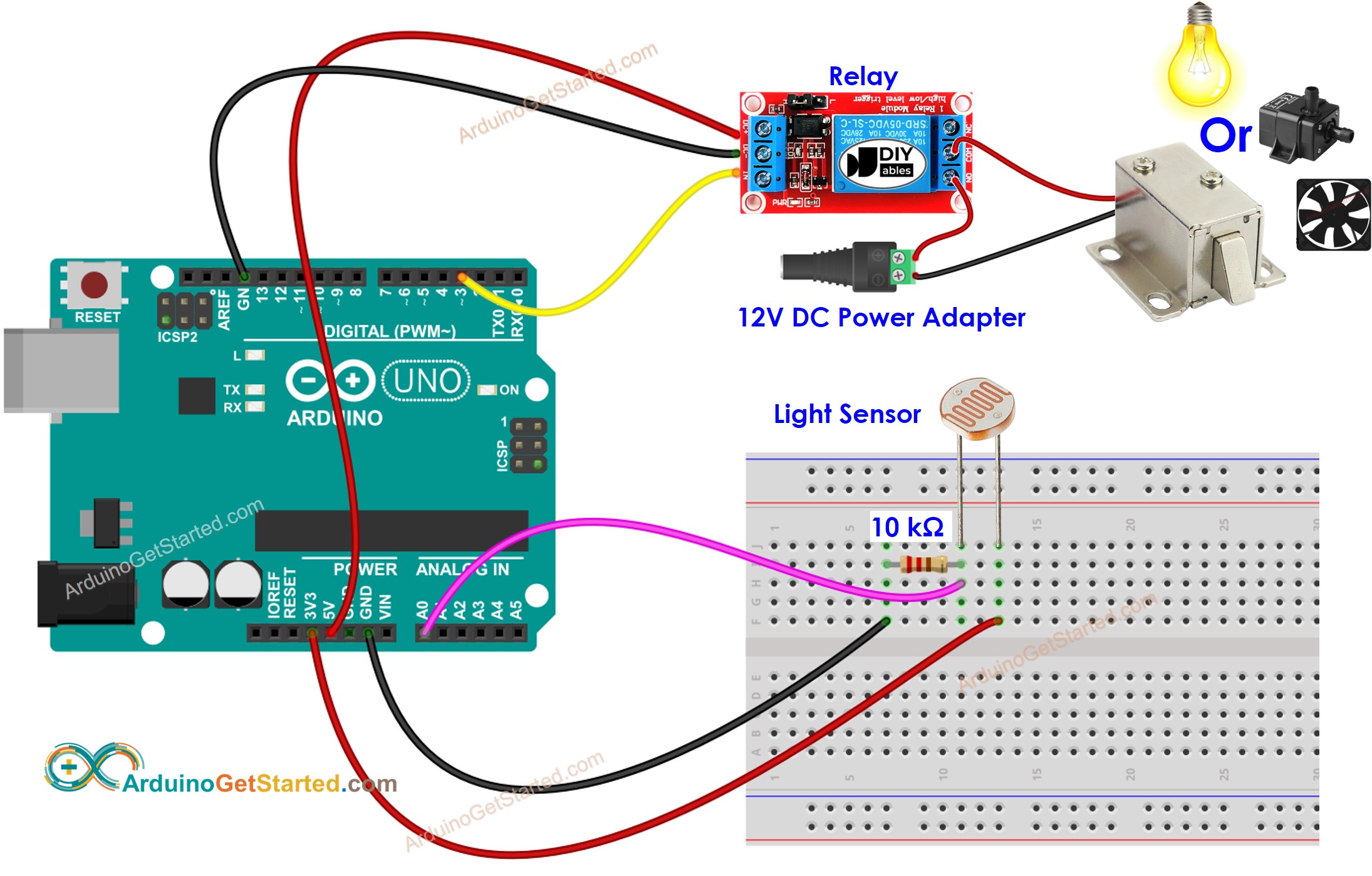 Diagrama de cableado de Arduino: sensor de luz, relé y bombilla