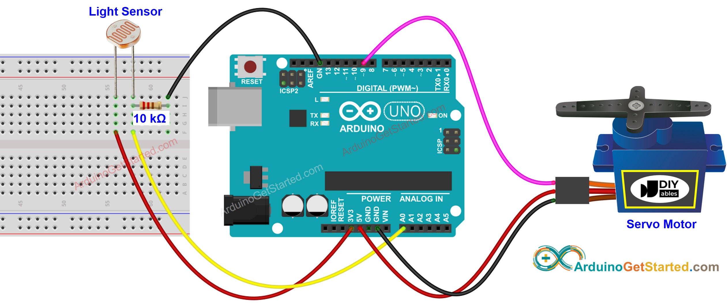 Diagrama de cableado del sensor de luz de Arduino para servomotor