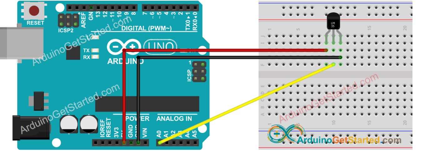 Diagrama de cableado del sensor de temperatura LM35 para Arduino