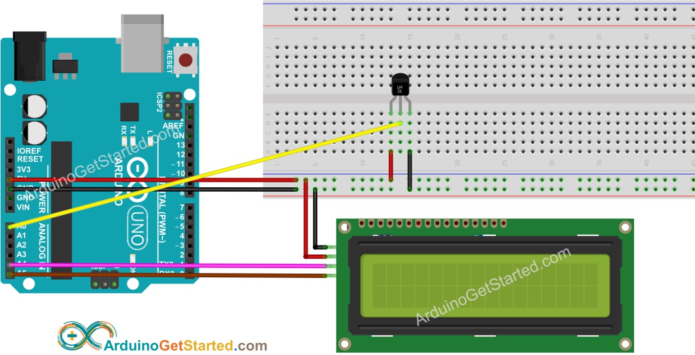 Diagrama de cableado de Arduino LM35 sensor de temperatura y LCD