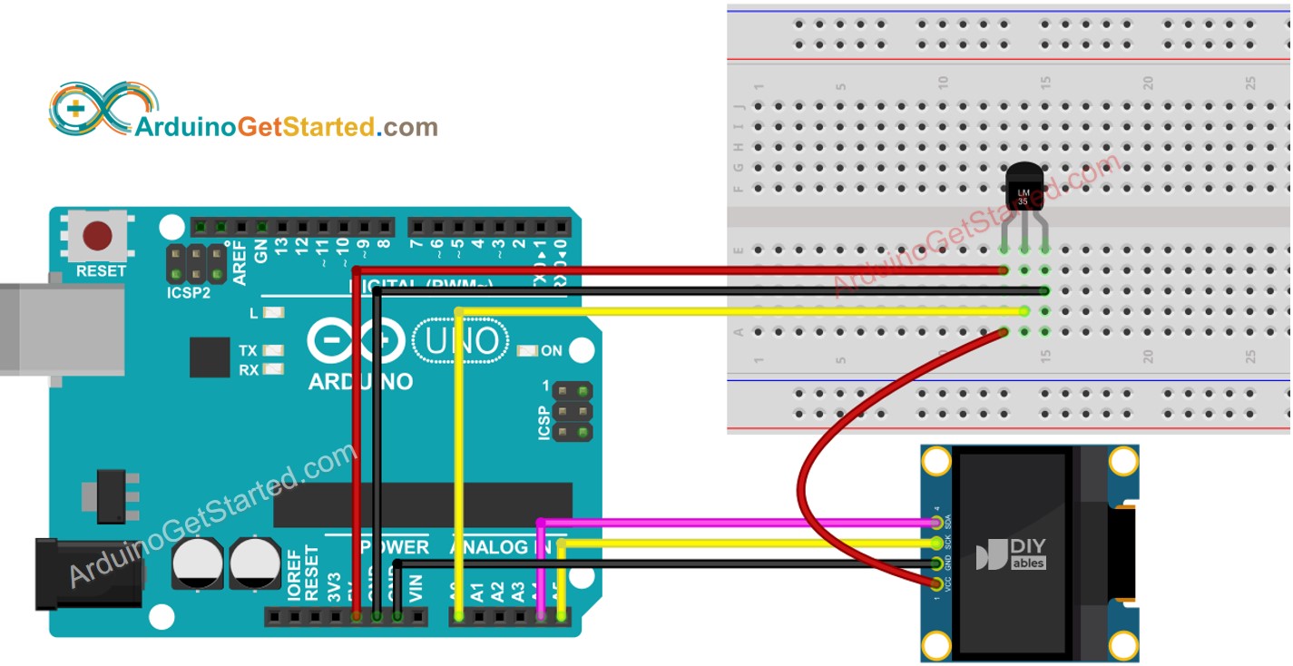 Diagrama de cableado de Arduino, LM35 sensor de temperatura y OLED