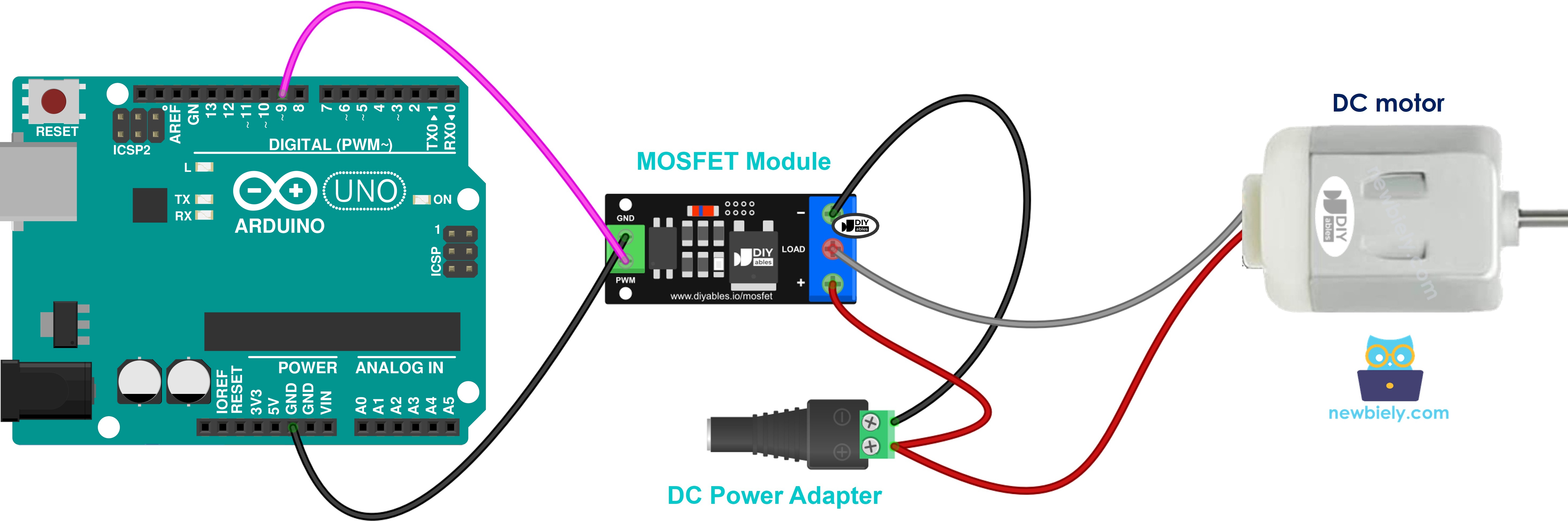 Conexión del motor DC de 12V al módulo MOSFET